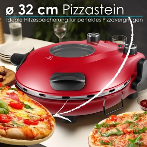 Roter Steinborg Pizzaofen SB-3140 mit Pizzastein und Timer. Elektrischer Ofen mit 1200 Watt Leistung.