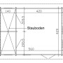 Grundriss Skan Holz-Gartenhaus Bern 2 (B 420 cm x T 560 cm) mit Stauboden und Maßen.