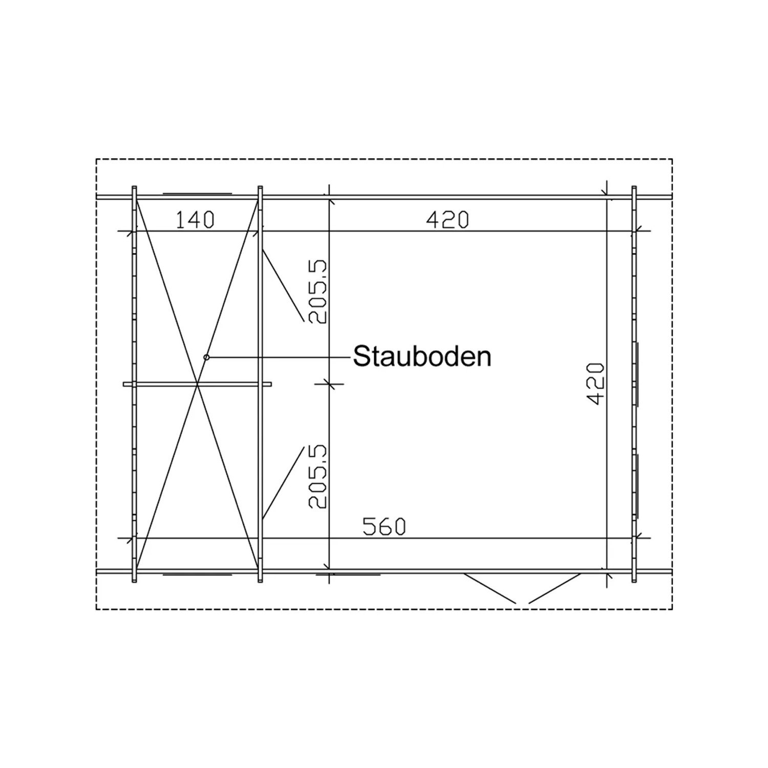 Grundriss Skan Holz-Gartenhaus Bern 2 (B 420 cm x T 560 cm) mit Stauboden und Maßen.
