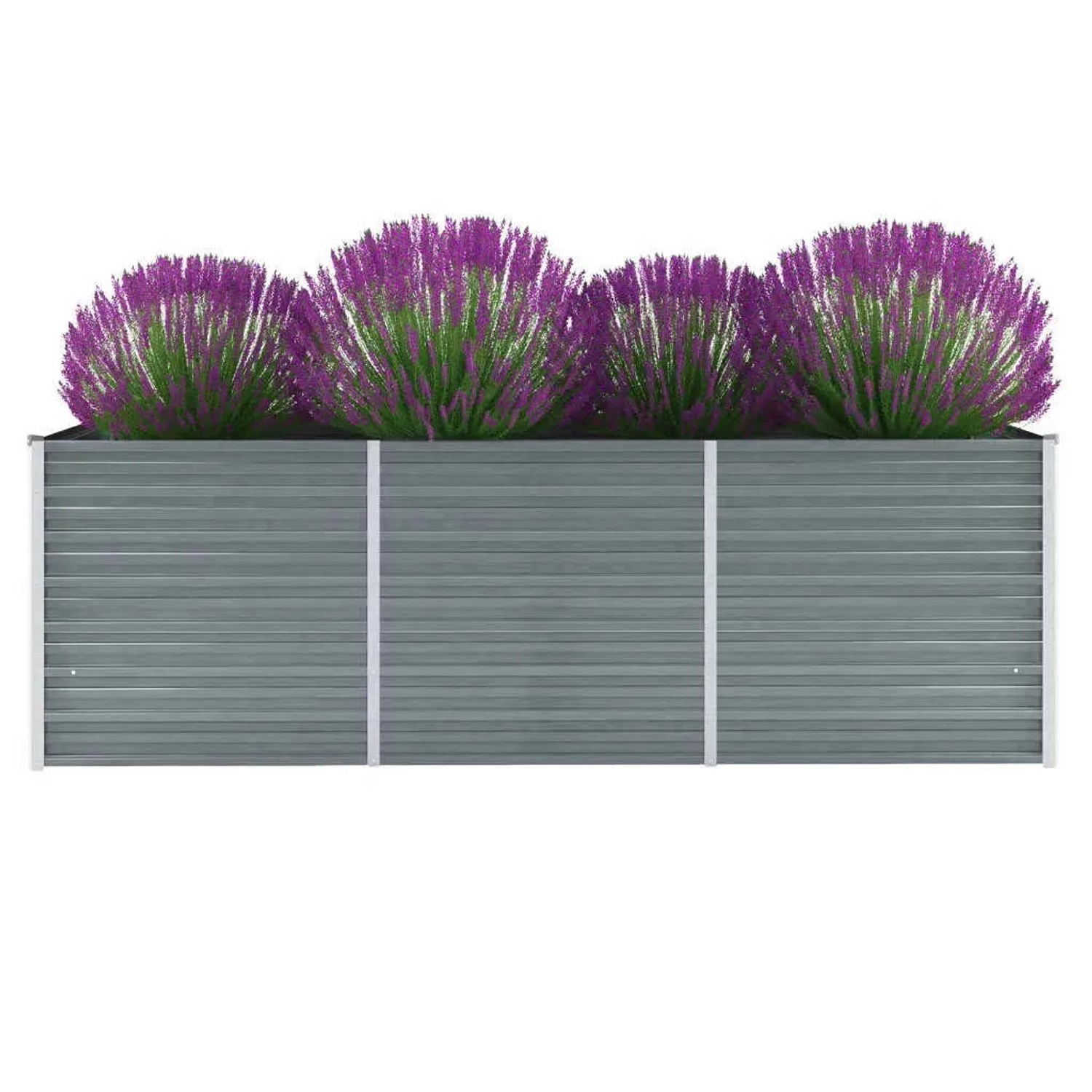Graues vidaXL Garten-Hochbeet aus Stahl, 240x80x77 cm, bepflanzt mit lila Blumen.