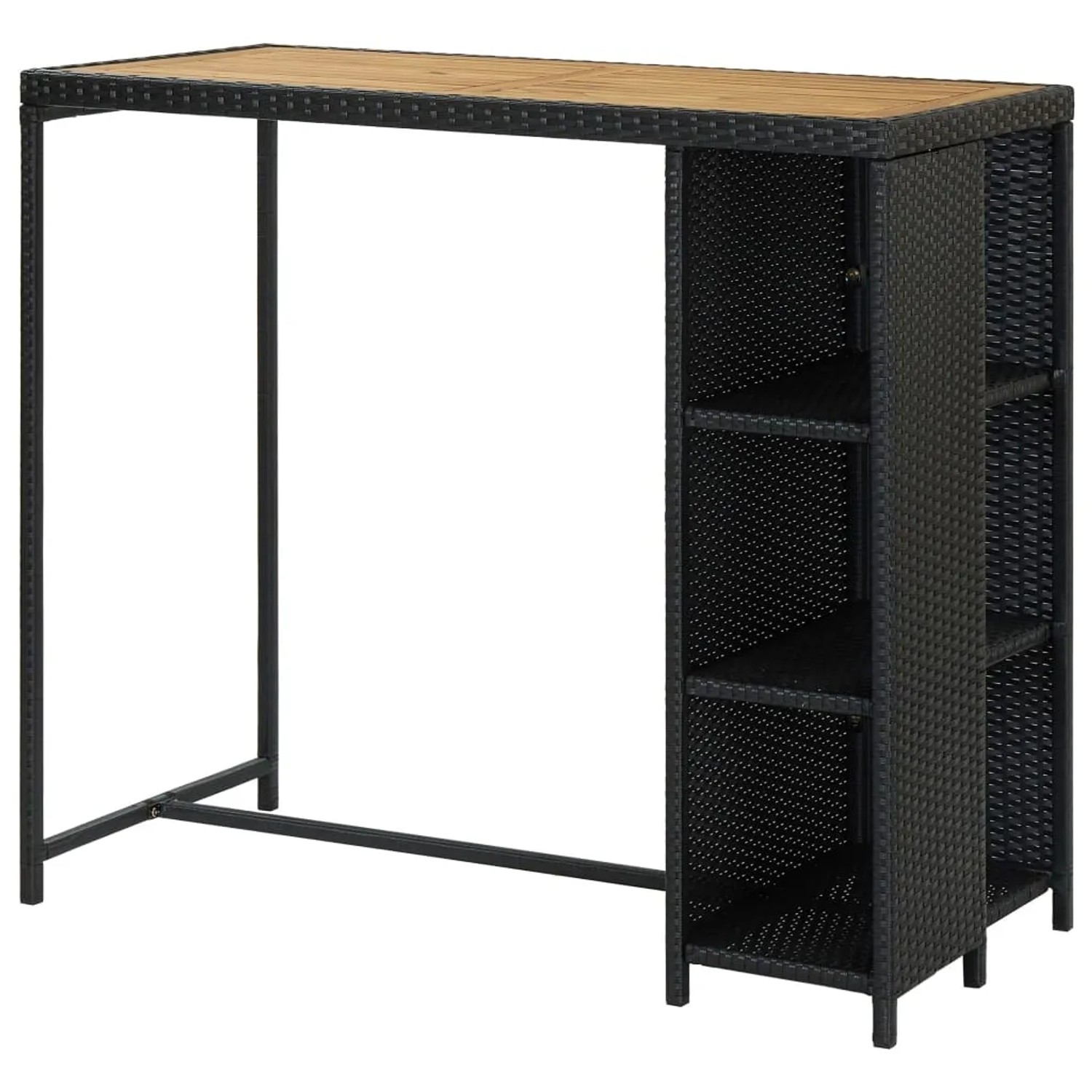Schwarzer vidaXL Bartisch mit Regal, 120x60x110 cm, aus Poly Rattan und Akazienholz.