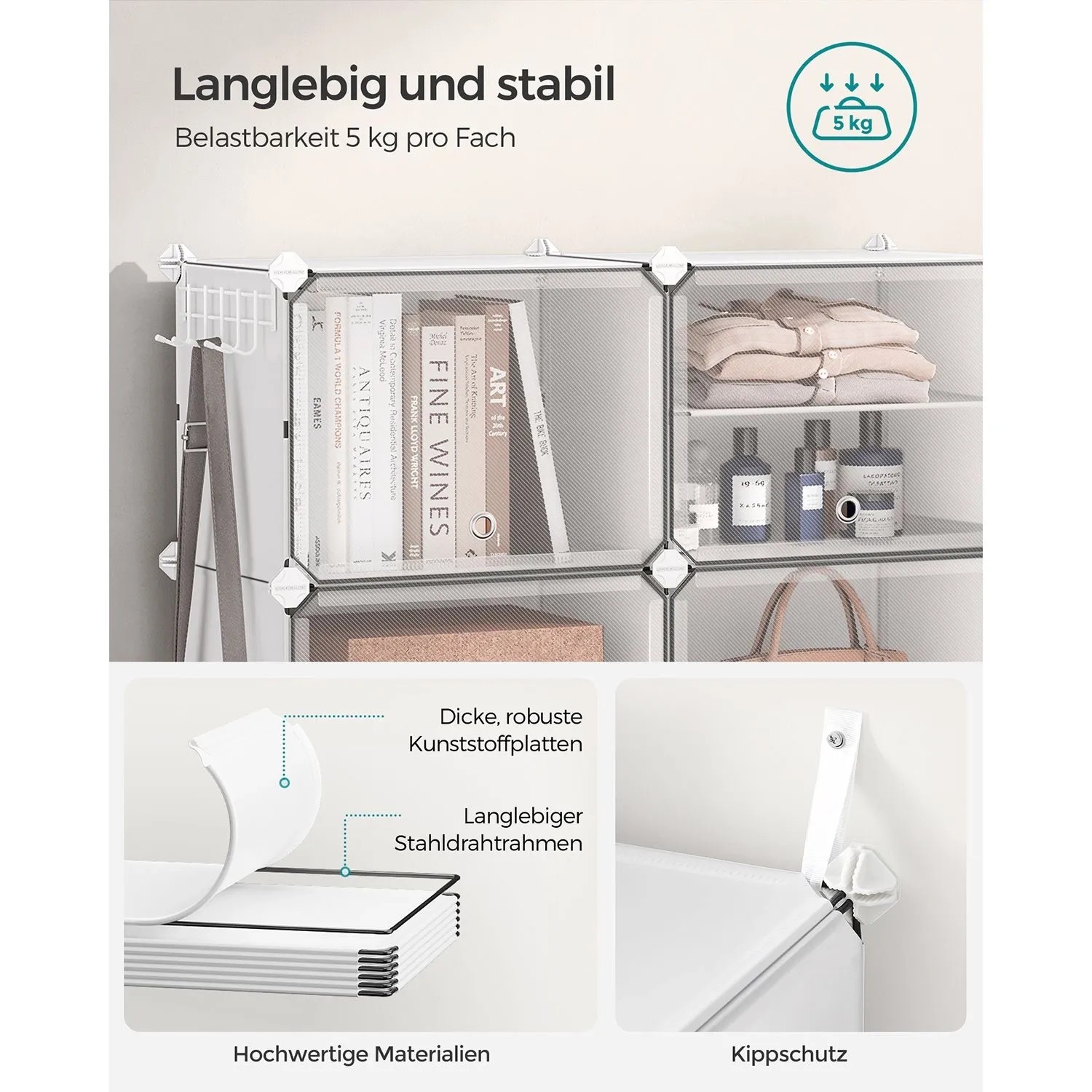 Weißes Songmics Schuhregal mit 6 Fächern, belastbar bis 5kg pro Fach. Schuhbank mit Kippschutz.