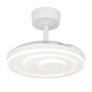Weißer Eglo LED-Deckenventilator Riomaggiore mit eingezogenen Flügeln, leuchtet als moderne Deckenleuchte. Ø 77 cm.