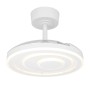 Weißer Eglo LED-Deckenventilator Riomaggiore mit eingezogenen Flügeln, leuchtet als moderne Deckenleuchte. Ø 77 cm.