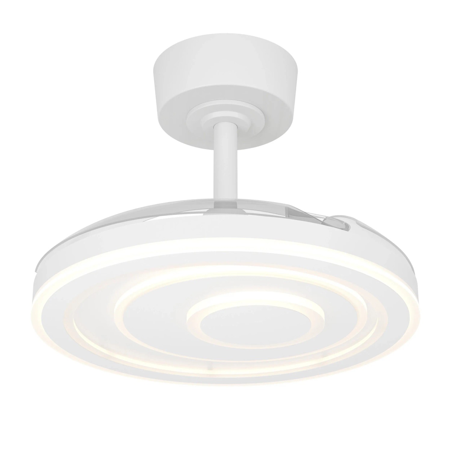 Weißer Eglo LED-Deckenventilator Riomaggiore mit eingezogenen Flügeln, leuchtet als moderne Deckenleuchte. Ø 77 cm.