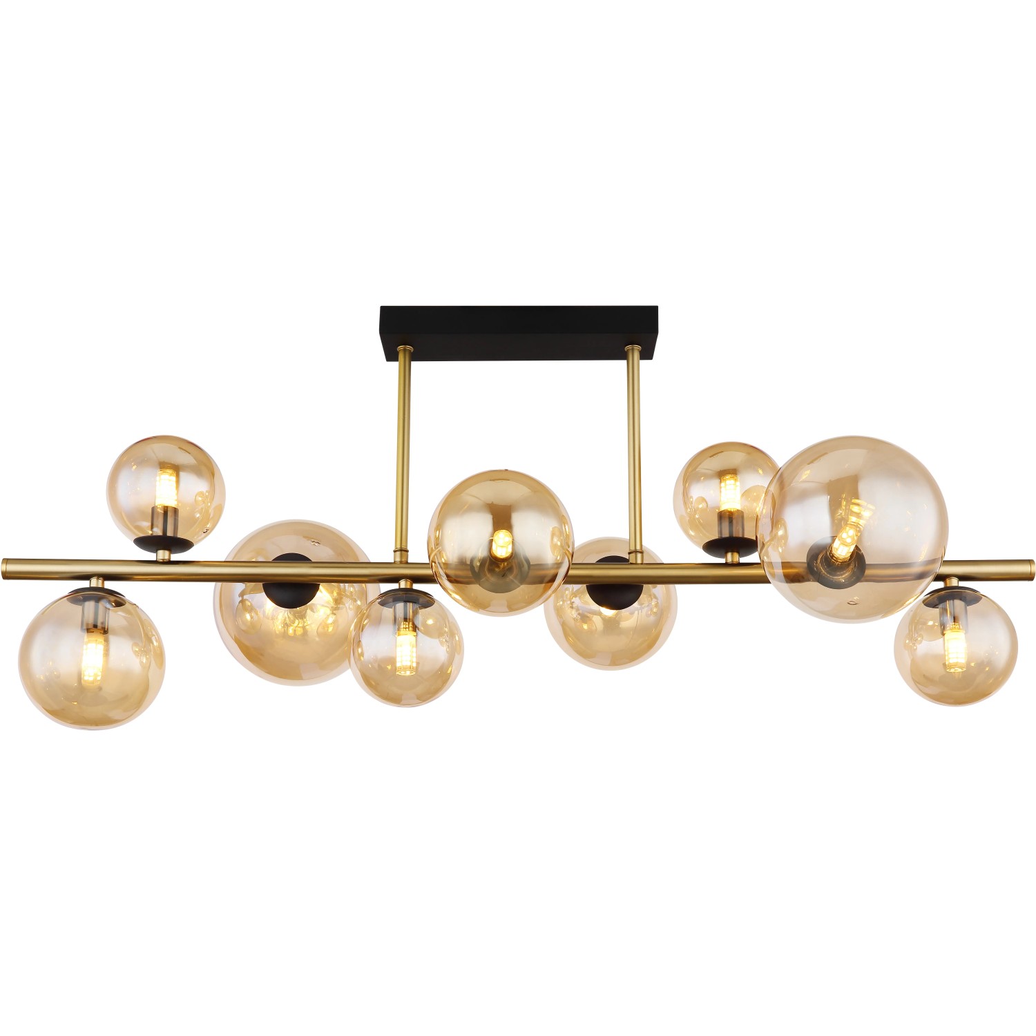 Moderne, 9-flammige LED-Deckenleuchte Riha in Schwarz matt mit amberfarbenen Glaskugeln.