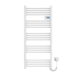 Weißer, elektrischer Emke Handtuchwärmer 120x54cm mit LED-Display und Thermostat.
