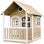 Axi Alex Spielhaus aus Holz in Braun und Weiß mit Veranda und Fenstern.