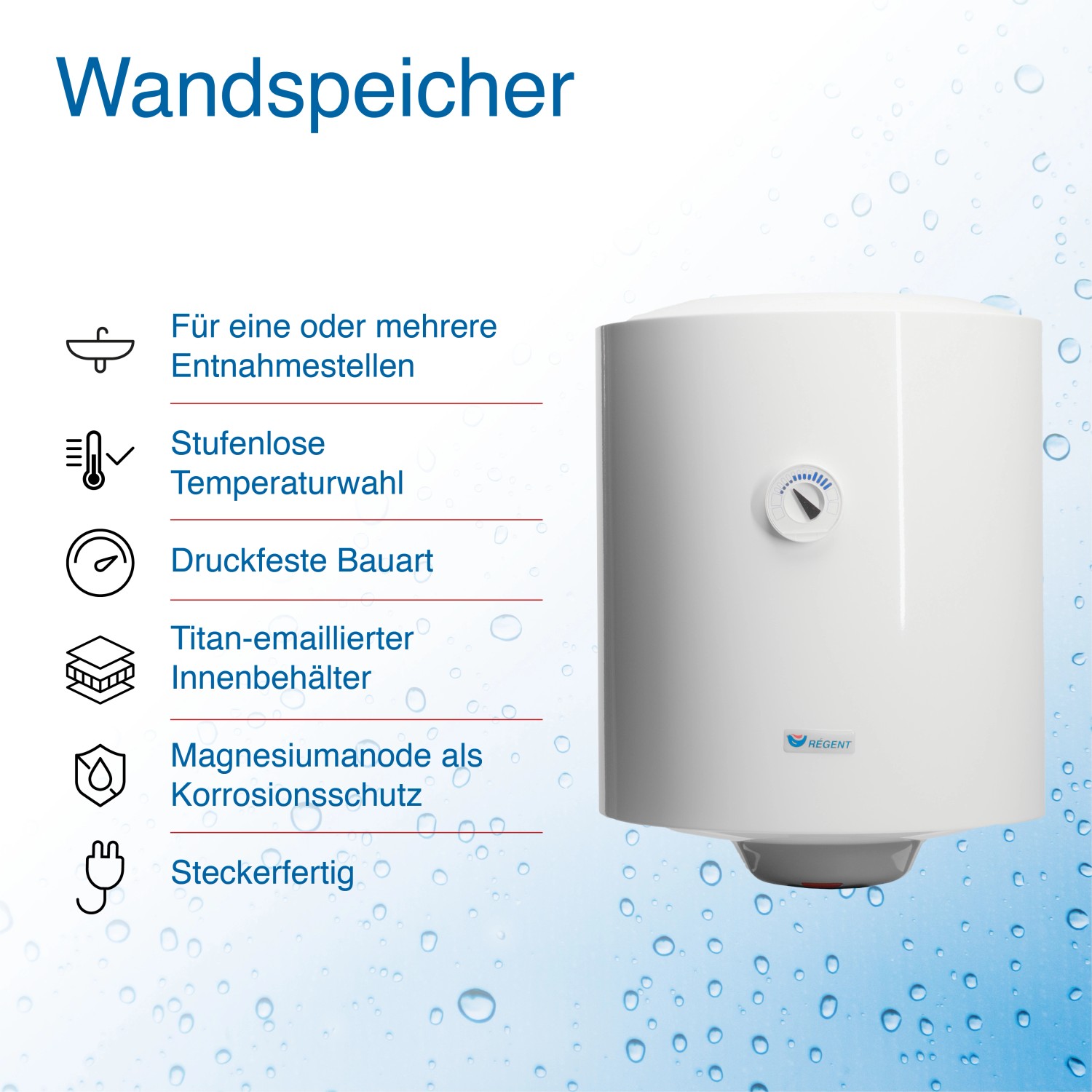 Regent Hängespeicher 50L: Warmwasserspeicher für die Wandmontage, stufenlose Temperaturwahl.