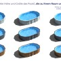 Verschiedene Größen und Designs von Stahlwandpools, inklusive Holzoptik Pool.