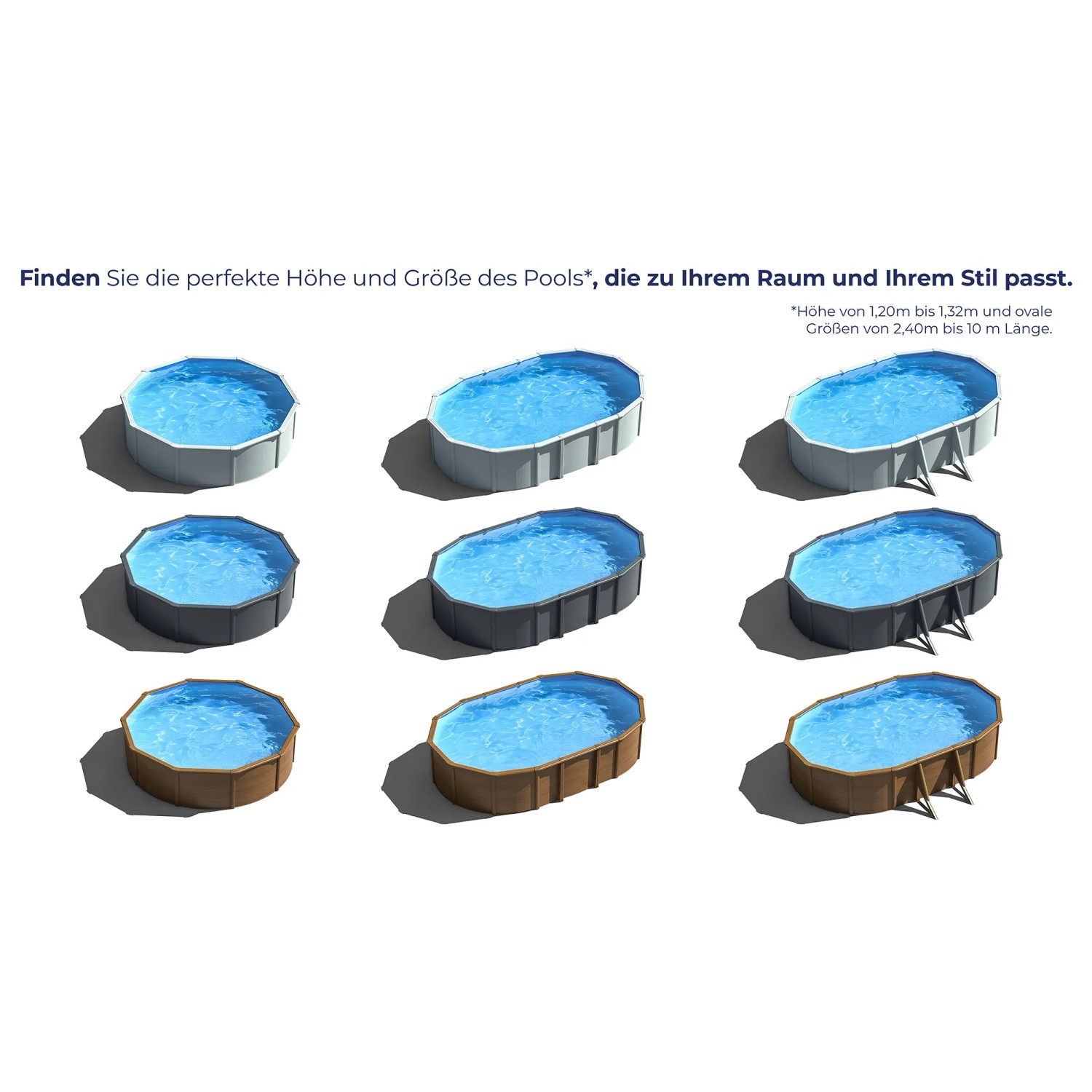 Verschiedene Größen und Designs von Stahlwandpools, inklusive Holzoptik Pool.
