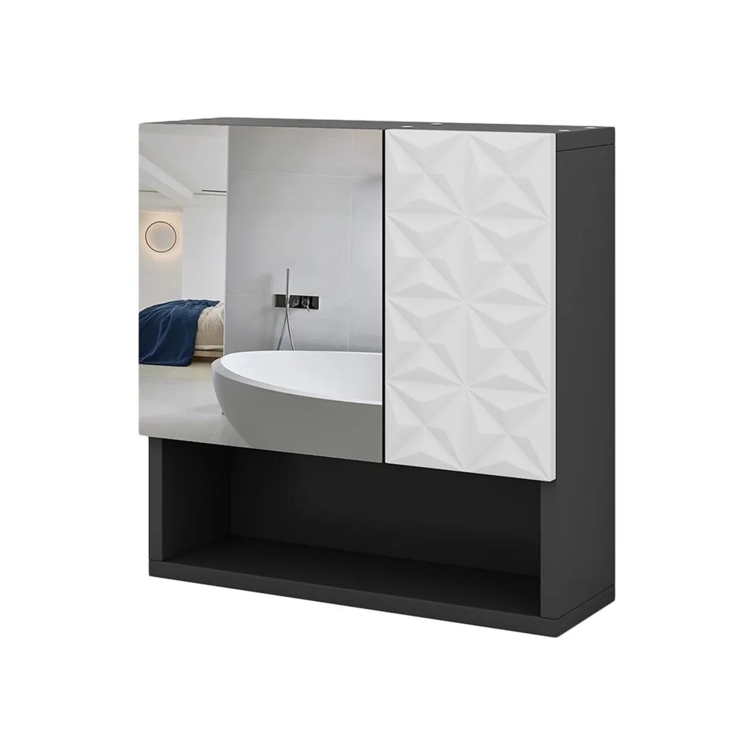 Vicco Badspiegelschrank Edge Schwarz 54 x 55 mit Tür und Offenen Fächern