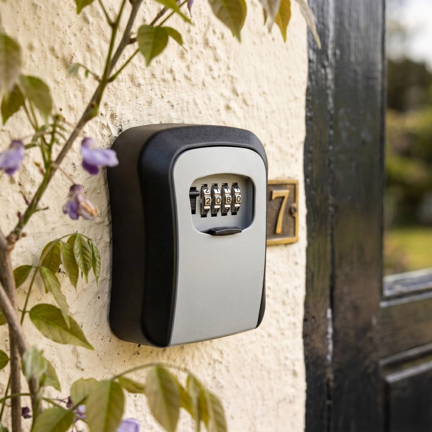 Schlüsselsafe schwarz-grau mit 4-stelligem Zahlencode an heller Hauswand, Wandmontage. Sicherer Schlüsseltresor.