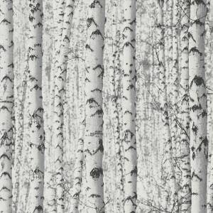 Livingwalls Tapete mit bewaldeter Landschaft in Weiß, Grau und Schwarz.