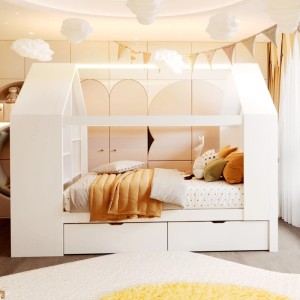 Weißes Merax Hausbett 90x200 cm mit zwei Schubladen und seitlichem Regal. Modernes Kinderbett für Stauraum.
