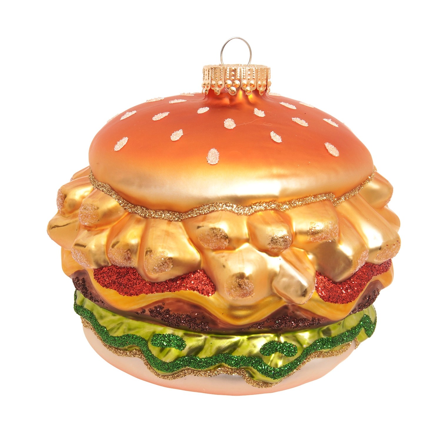 Krebs Glas Lauscha Baumschmuck Pommes-Burger Goldfarbig 10cm
