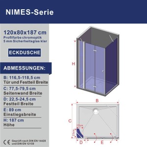 Aquabatos Eckdusche 120x80 cm mit Falttür und Seitenwand aus Klarglas.