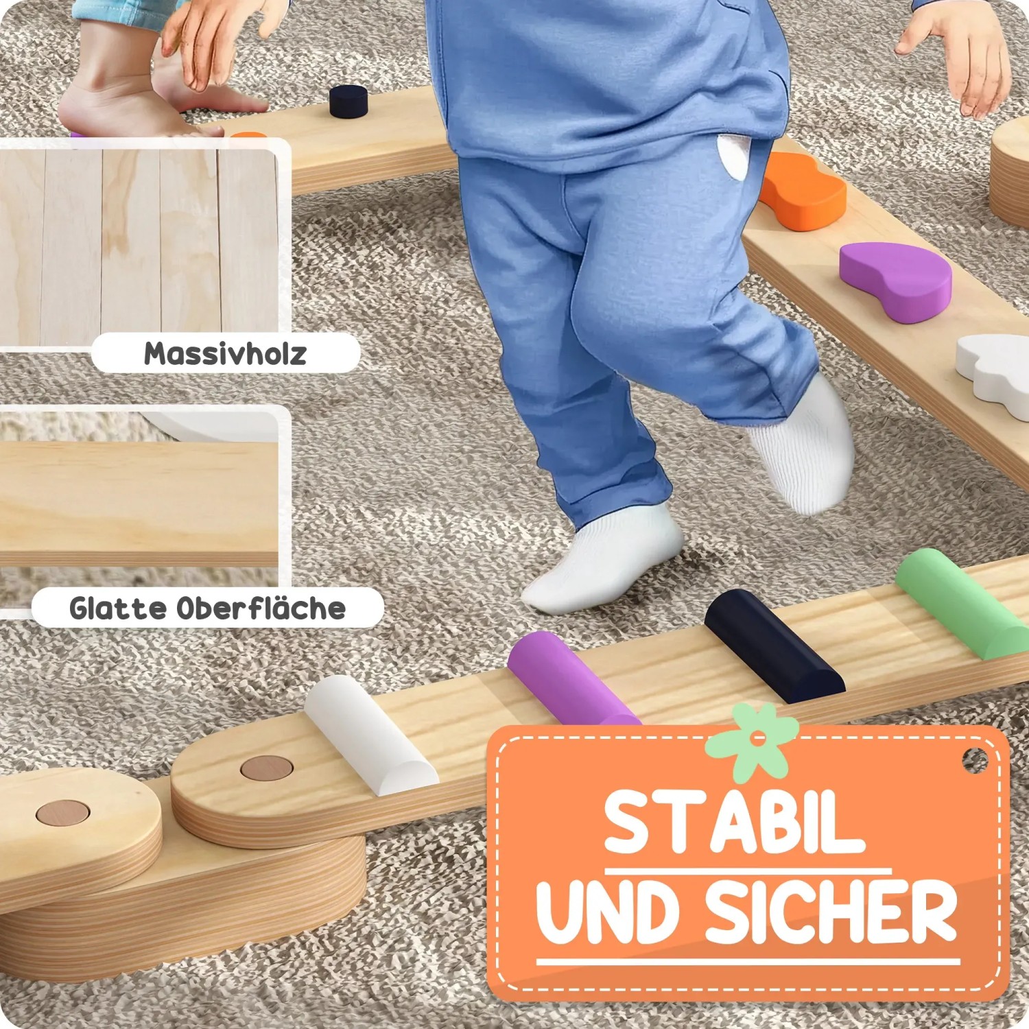 AIYAPLAY Balancierbalken für Kinder mit bunten Balanciersteinen aus Holz.