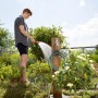 Gartenszene mit Gardena Terrassen-Spiralschlauch 7,5 m in Gebrauch, automatische Aufrollung.