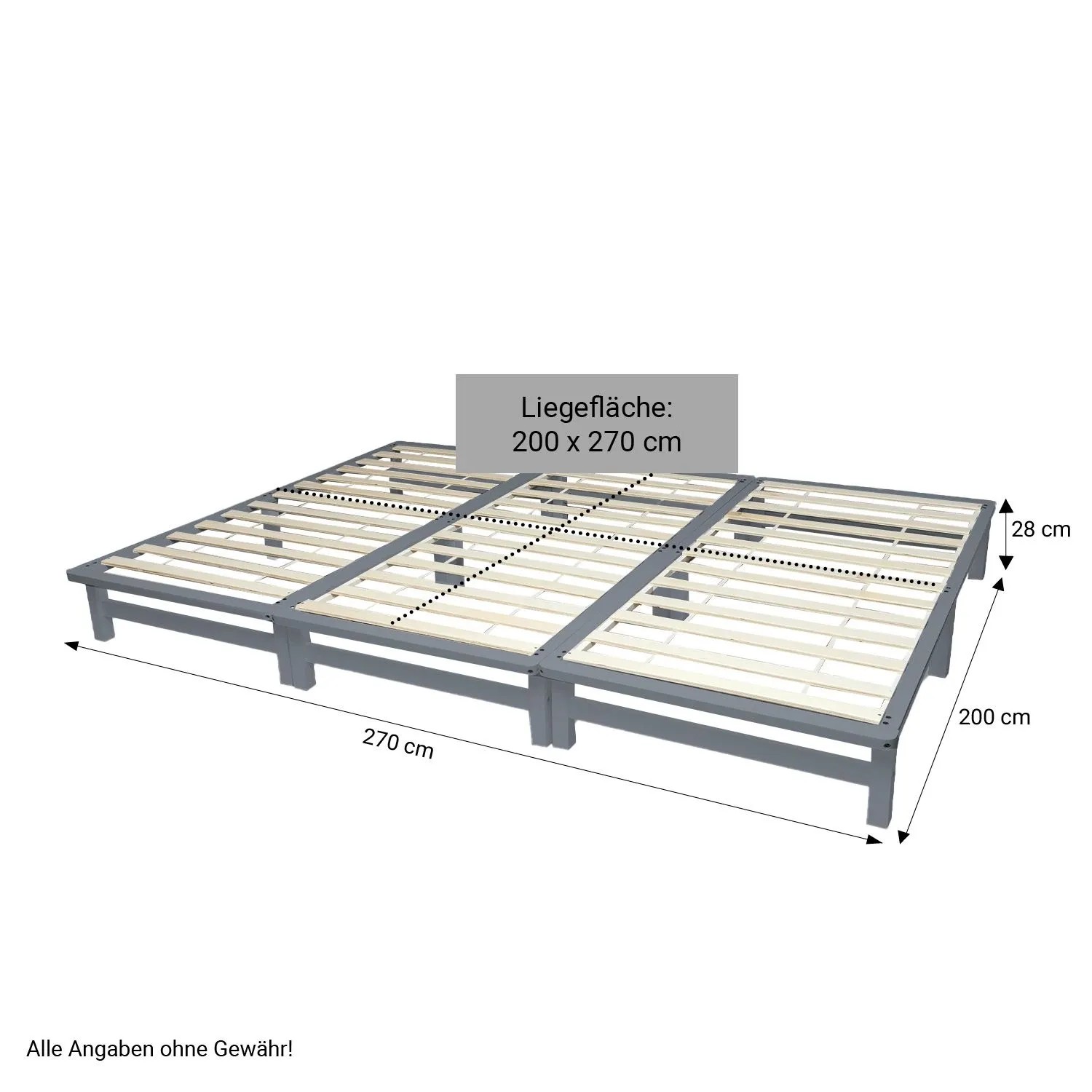 Graues Familienbett XXL 270x200 cm aus Kiefernholz mit Lattenrost im Paletten Design.