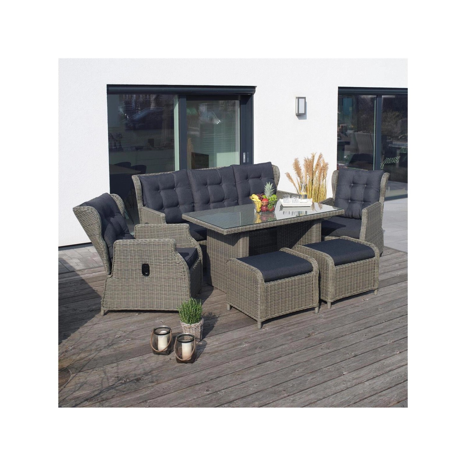 6-teilige Green Spirit Garten Sitzgruppe Bilbao braun-grau mit Tisch, Sesseln und Hockern.