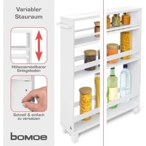 Bomoe Nischenregal Hylla, 15cm breit, weiß, mit 3 Regalböden und Rollen. Ideal für Küche, Bad oder Büro.