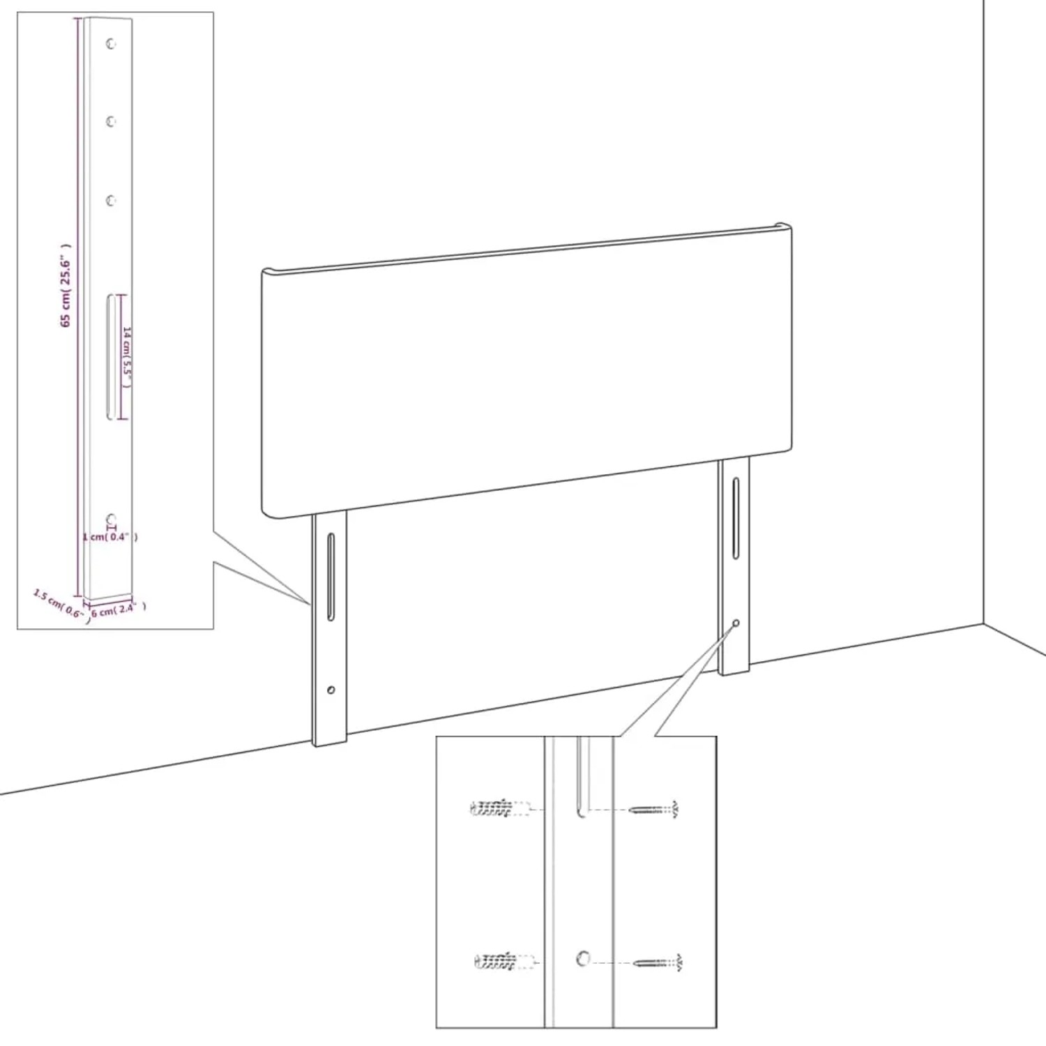 Skizze Boxspringbett vidaXL mit Kopfteil, Maße und Montage-Details.