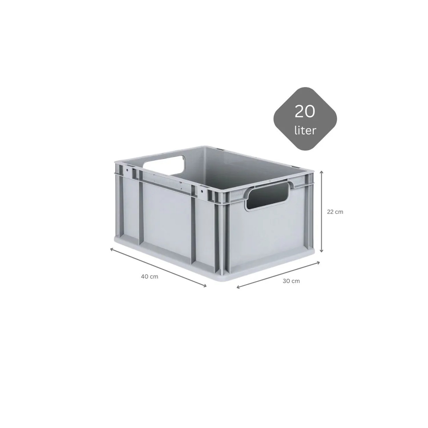 Graue PROREGAL Eurobox 20L mit Griffen, 30x40x22cm, aus Kunststoff, für Lagerung und Transport.