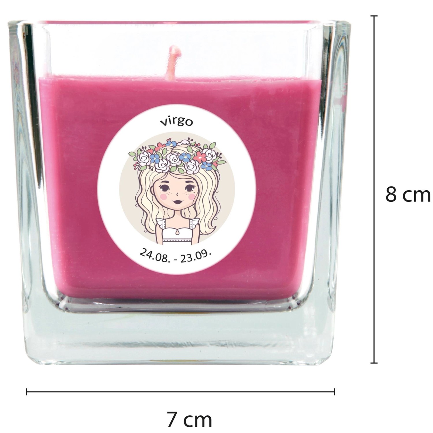 HS Candle Duftkerze Jungfrau im Glas, rosa, mit Sternzeichen-Motiv. Stumpenkerze für entspannte Atmosphäre.