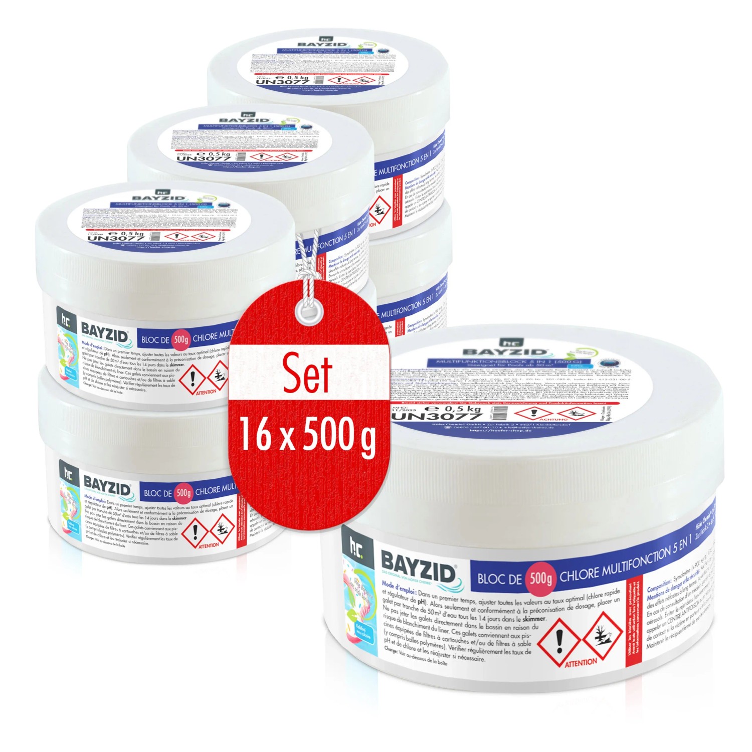 Bayzid Multiblock 5in1 Pool Desinfektion, Set mit 16 x 500g Chlor Multitabletten.