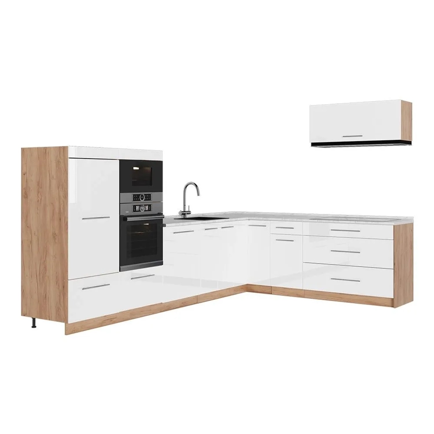 Vicco Eckküche Fame-Line Weiß Hochglanz/Goldkraft Eiche 327 x 154 AP Marmor Art Nr 64406