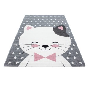 Ayyildiz Kinderteppich Kids 550 Pink, 120x170 cm, mit Katzenmotiv und Sternen auf grauem Grund.