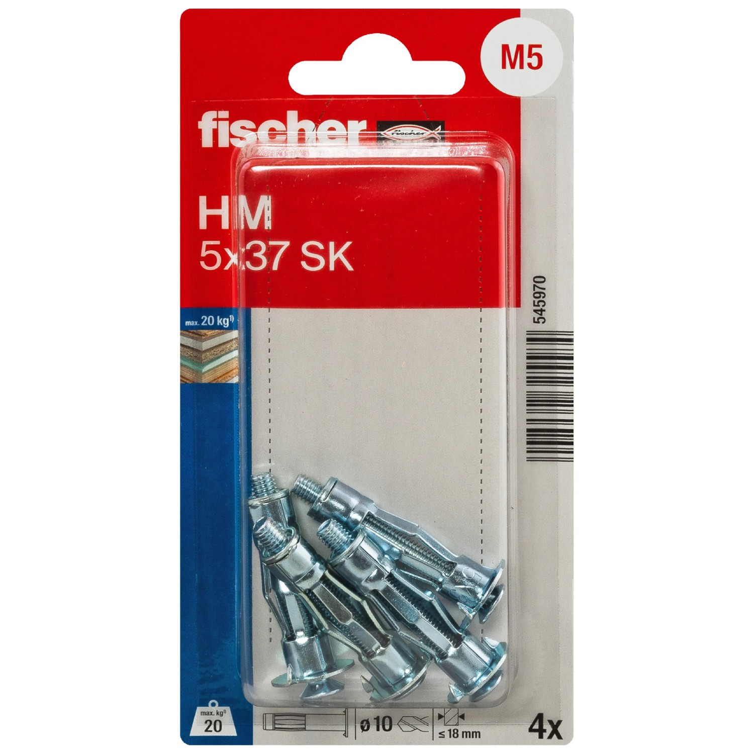 Fischer Hohlraum-Metalldübel HM SK mit Metrischer Schraube 5 mm x 37 mm 4 Stück