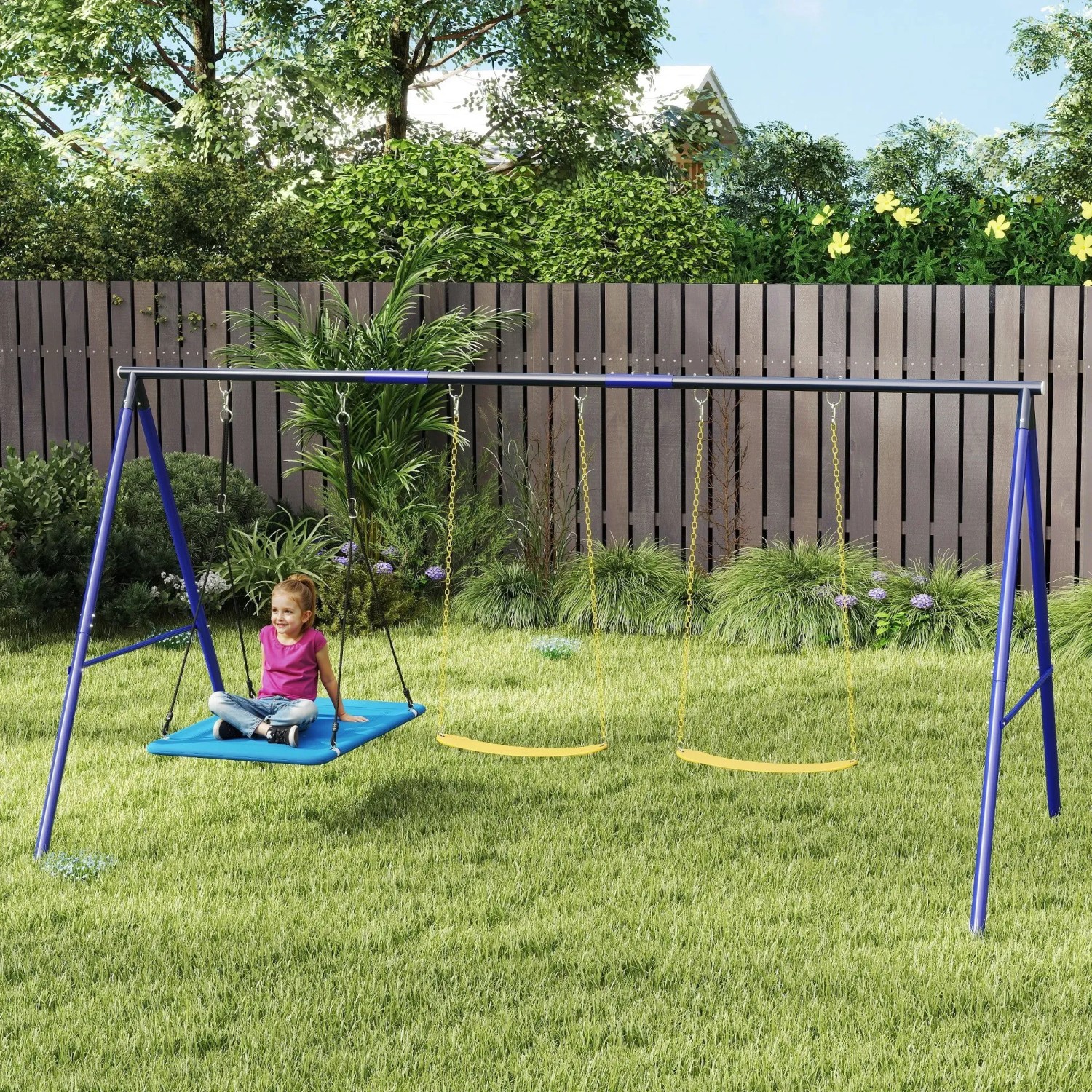 AIYAPLAY Kinderschaukel mit 3 Sitzen: Gürtelschaukeln und Plattformschaukel im Garten.