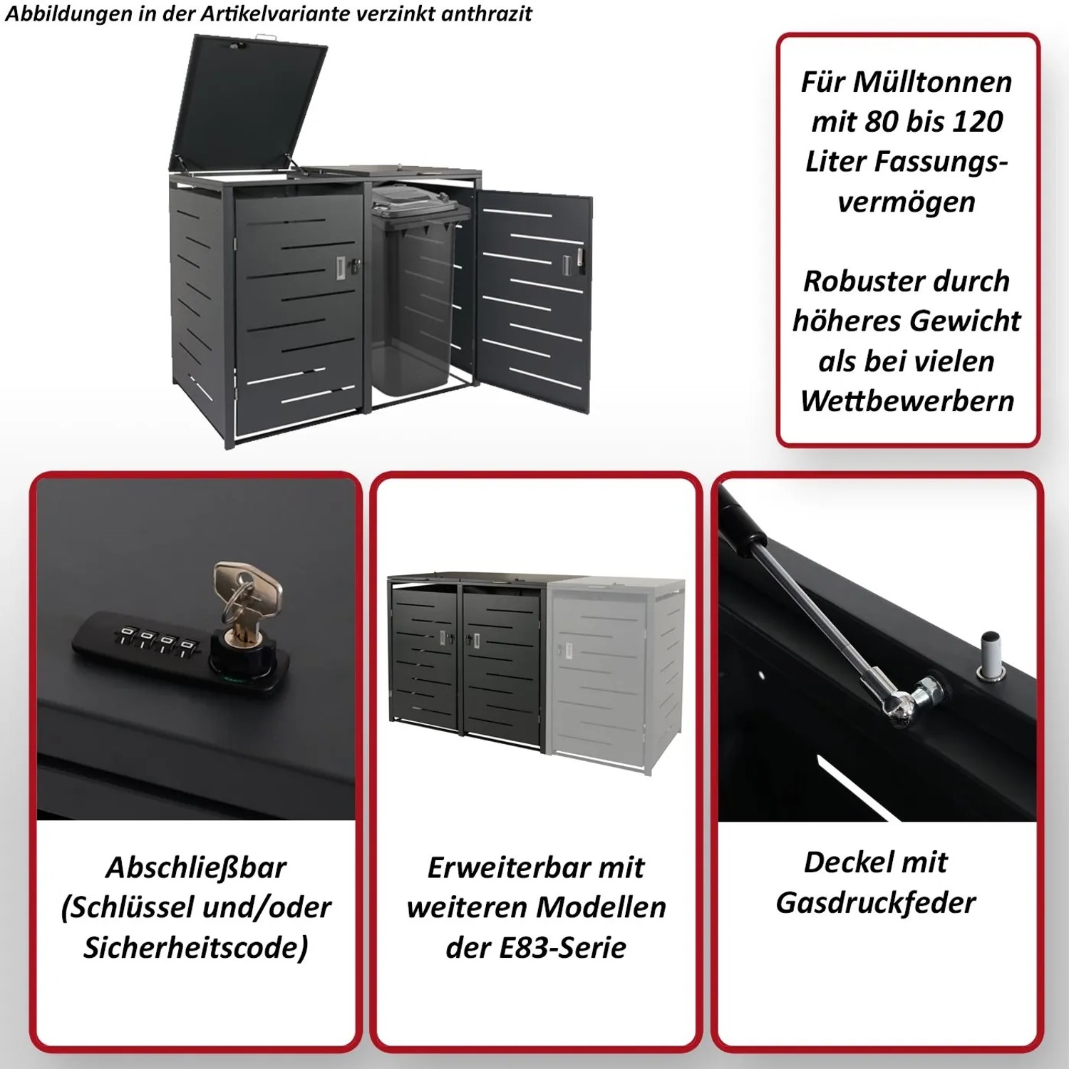 Anthrazitfarbene MCW Mülltonnenbox E83 aus Stahl für 2-4 Tonnen, abschließbar und erweiterbar.