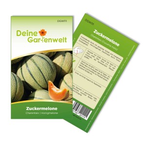Samentüte Deine Gartenwelt Zuckermelone Charentais mit Melonen und angeschnittener Melone.