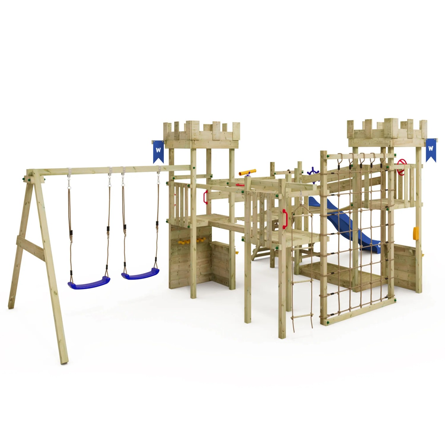 Wickey Spielturm Smart Arch mit blauer Rutsche, Schaukel und Kletterelementen.