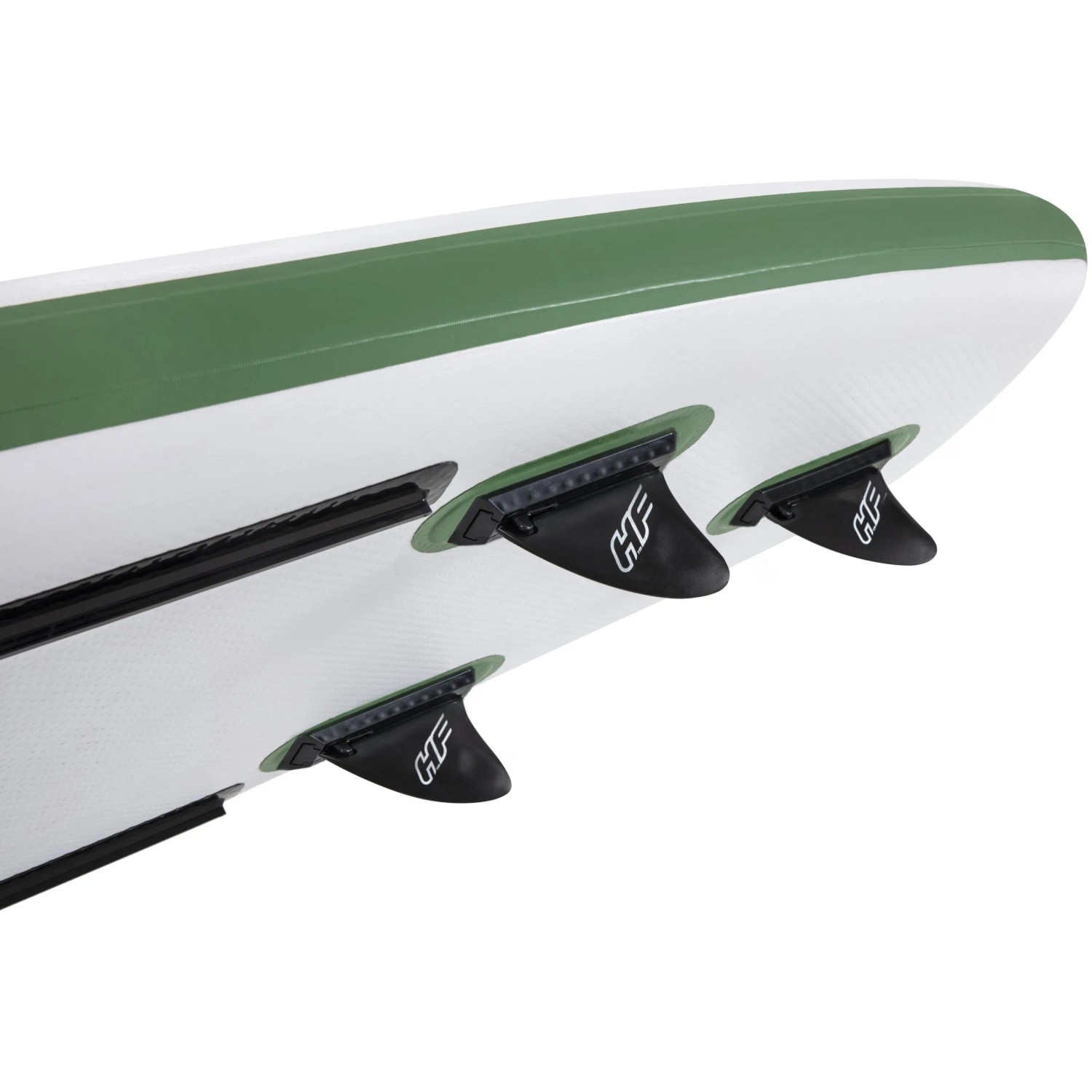 Detailansicht: Unterseite des Bestway Hydro-Force SUP River Board mit drei Finnen.