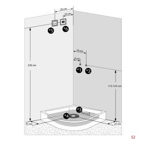 Skizze der AcquaVapore Duschkabine 80x80 mit Maßangaben zu Anschlüssen für Wasser, Abfluss und Strom.