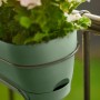 Grüner Elho Balkonkasten Vibia Campana 50 cm mit Blumen am Balkongeländer.