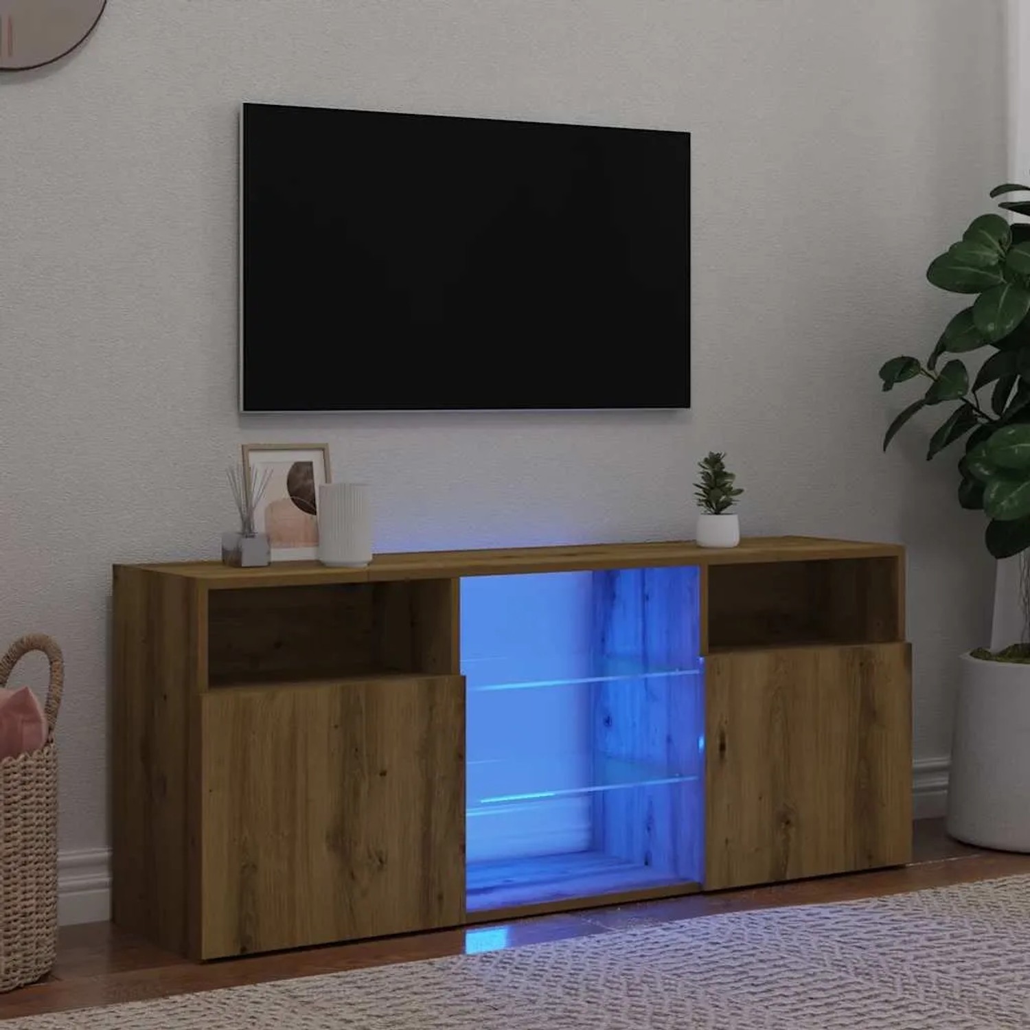 TV-Schrank Artisan-Eiche mit LED, 120 cm breit, mit Türen und Fächern.