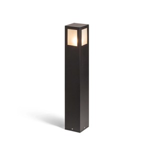 Schwarze Rendl Ponder 65 Außenstehleuchte aus Metall mit satiniertem Glas, leuchtet warmweiß. Ideal für Garten & Wege.