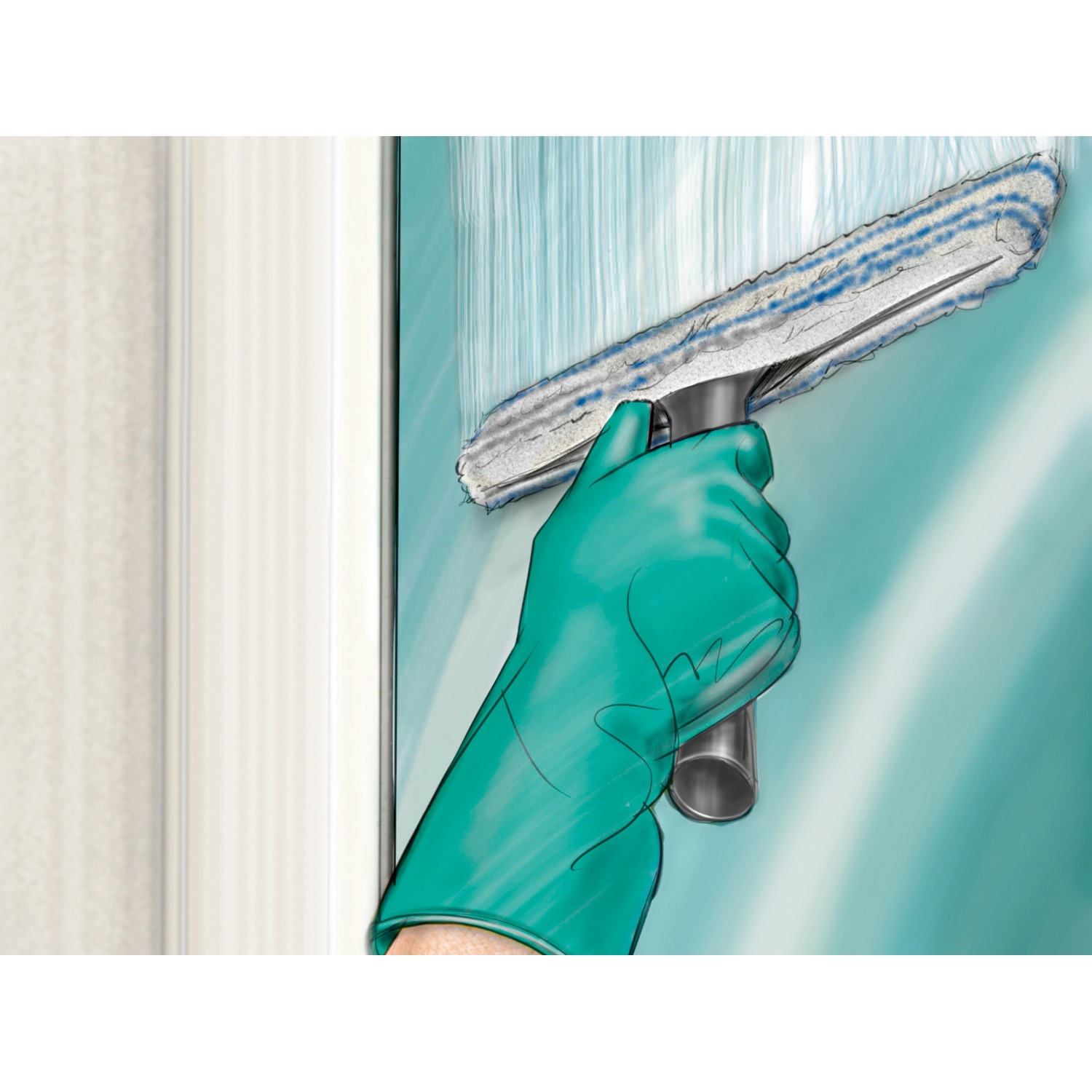 Illustration: Hand mit grünem Handschuh wischt mit Fensterwischer eine Scheibe. Ersatzbezug für Reinigungsgerät sichtbar.