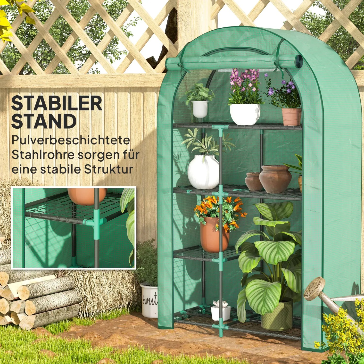 Outsunny Gewächshaus mit Runddach, vierstufig und bepflanzt. Ideal für den Garten.