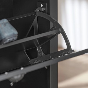 Detailaufnahme: Schwarzer SoBuy Schuhkipper FSR87-SCH mit geöffneter Klappe. Schuhkommode für Flur und Eingangsbereich.