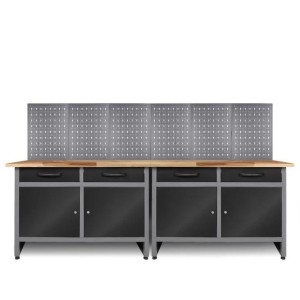 Ondis24 Werkstatt Set Werner 240cm mit Werkbänken, Schubladen, Schränken und Lochwänden.