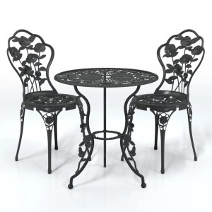 Schwarzes vidaXL Bistro-Set aus Aluminiumguss mit Tisch und zwei Stühlen für Garten und Terrasse.
