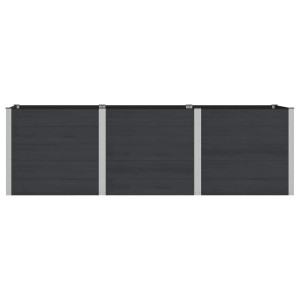 Langes, schwarzes vidaXL Hochbeet aus WPC und Aluminium mit silbernen Stützen für Garten und Terrasse.