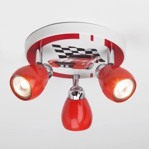 Brilliant LED-Spotrondell Racing, 3-flammig, rot/weiß/schwarz, Kinderzimmer-Deckenlampe mit Rennwagen-Motiv.