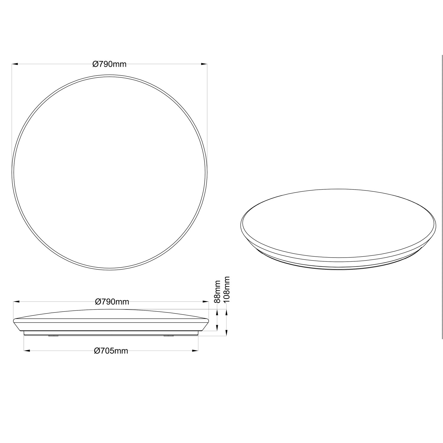 Skizze der Trio LED-Deckenleuchte Nagano, Ø 79 cm, weiße Deckenlampe mit Maßangaben.